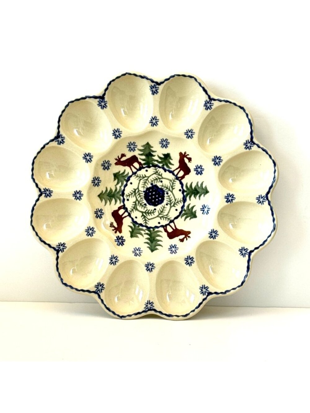 Title: Polish Pottery Ceramika Artystyczna Deviled Egg Tray Winter Moose Trees